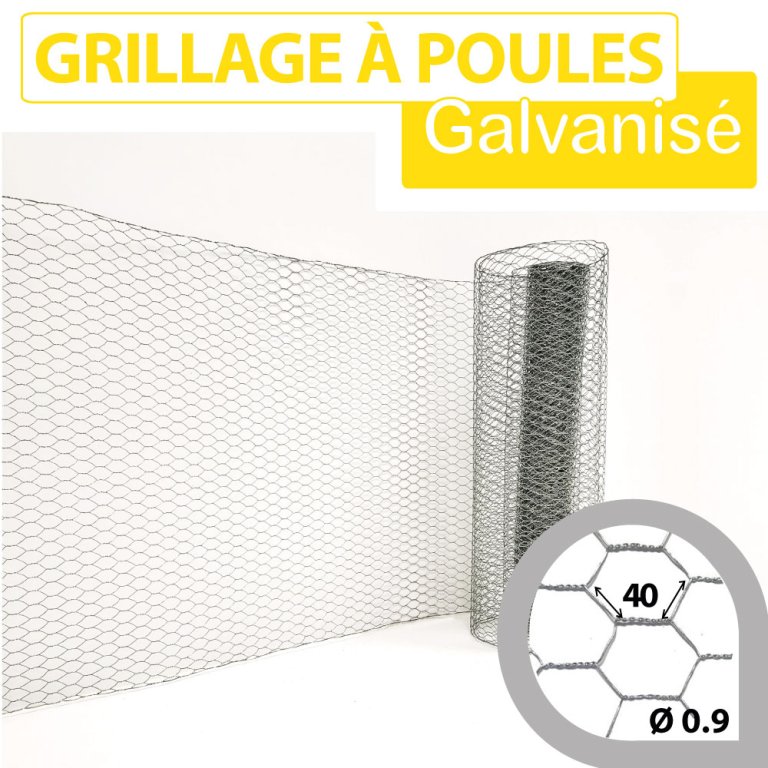 Grillage galvanisé à Poules – Volaille – Lapins – M. 40mm – H.1M20
