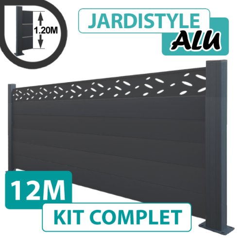 Kit Clôture Aluminium Gris Anthracite 12M - Design - Sur Platines - 1,20 mètre