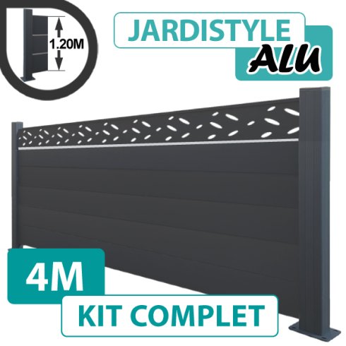 Kit Clôture Aluminium Gris Anthracite 4M - Design avec liseré - Sur Platines - 1,20 mètre