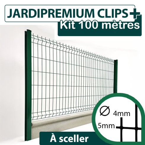 Kit_Grillage_Rigide_Vert_JARDIPREMIUM+_Avec_Soubassement_Béton_100m