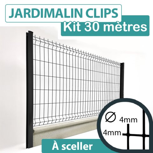 Kit Grillage Rigide Gris avec Soubassement Béton 30M - JARDIMALIN CLIPS  - Fil 4mm - 1,73 mètre