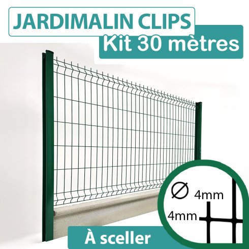 Kit Grillage Rigide Vert avec Soubassement Béton 30M - JARDIMALIN CLIPS  - Fil 4mm - 1,53 mètre
