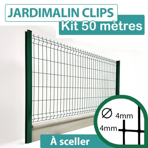 Kit Grillage Rigide Vert avec Soubassement Béton 50M - JARDIMALIN CLIPS  - Fil 4mm - 1,53 mètre