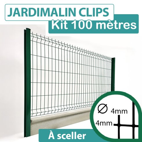 Kit Grillage Rigide Vert avec Soubassement Béton 100M - JARDIMALIN CLIPS  - Fil 4mm - 1,93 mètre