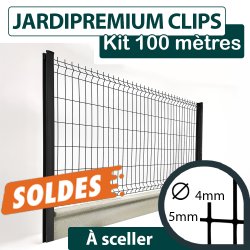 Kit Grillage Rigide Gris avec Soubassement Béton 100M - JARDIPREMIUM CLIPS  - Fil 4/5mm - 1,73 mètre