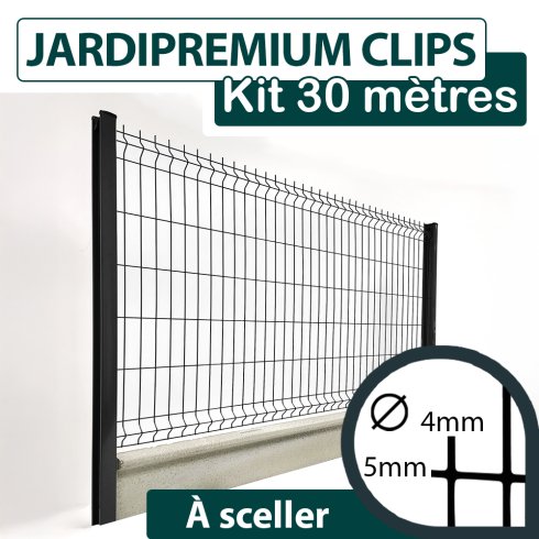 Kit Grillage Rigide Gris avec Soubassement Béton 30M - JARDIPREMIUM CLIPS  - Fil 4/5mm - 1,73 mètre