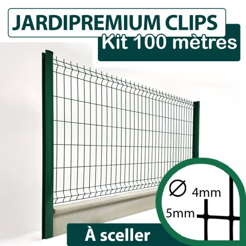 Kit Grillage Rigide Vert avec Soubassement Béton 100M - JARDIPREMIUM CLIPS  - Fil 4/5mm - 1,93 mètre
