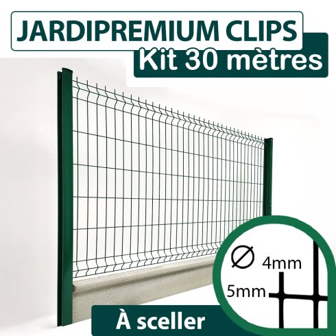 Kit Grillage Rigide Vert avec Soubassement Béton 30M - JARDIPREMIUM CLIPS  - Fil 4/5mm - 1,23 mètre