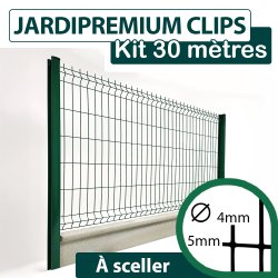 Kit Grillage Rigide Vert avec Soubassement Béton 30M - JARDIPREMIUM CLIPS  - Fil 4/5mm - 1,73 mètre