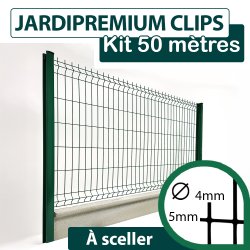 Kit Grillage Rigide Vert avec Soubassement Béton 50M - JARDIPREMIUM CLIPS  - Fil 4/5mm - 1,53 mètre