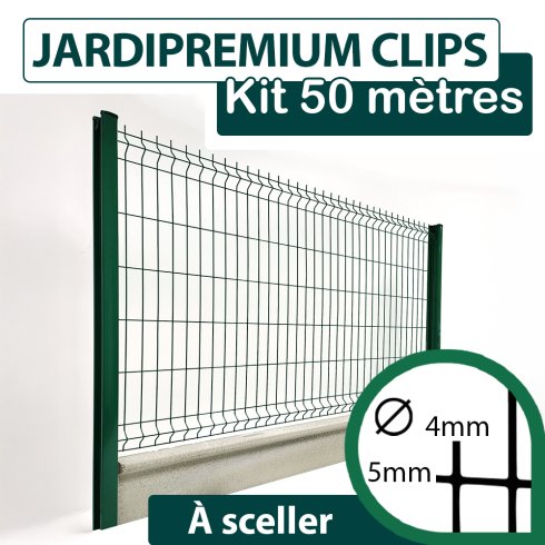Kit Grillage Rigide Vert avec Soubassement Béton 50M - JARDIPREMIUM CLIPS  - Fil 4/5mm - 1,53 mètre