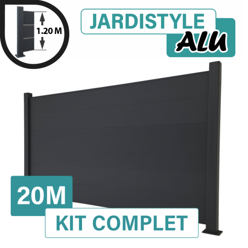 Kit Clôture Aluminium Gris Anthracite 20M - Pleine - Sur Platines - 1,20 mètre