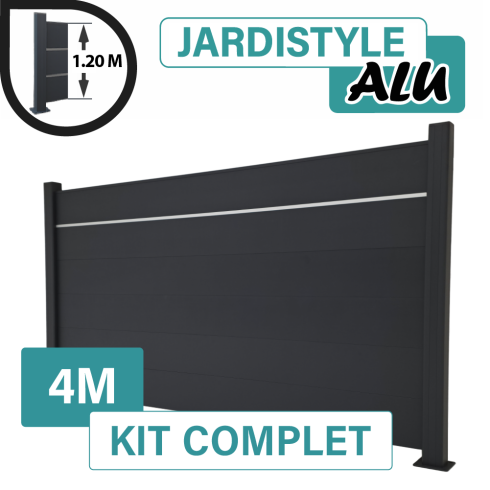 Kit Clôture Aluminium Gris Anthracite 4M - Pleine avec liseré - Sur Platines - 1,20 mètre