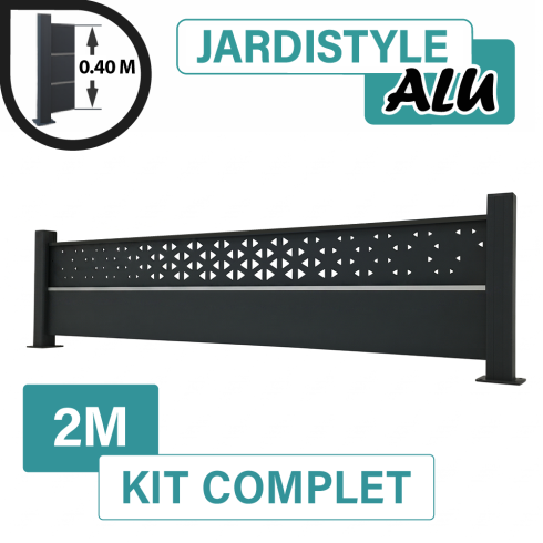 Kit Clôture Aluminium Gris Anthracite 2M - Design Ibiza avec liseré - Sur Platines - 0,40 mètre