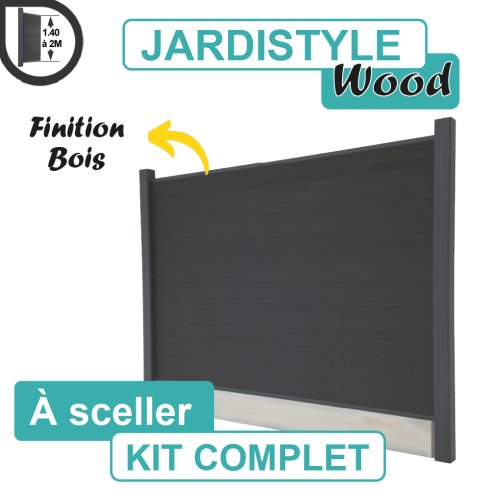 Kit Clôture Composite Gris Anthracite   - Effet Bois - Avec Soubassement Béton A Sceller